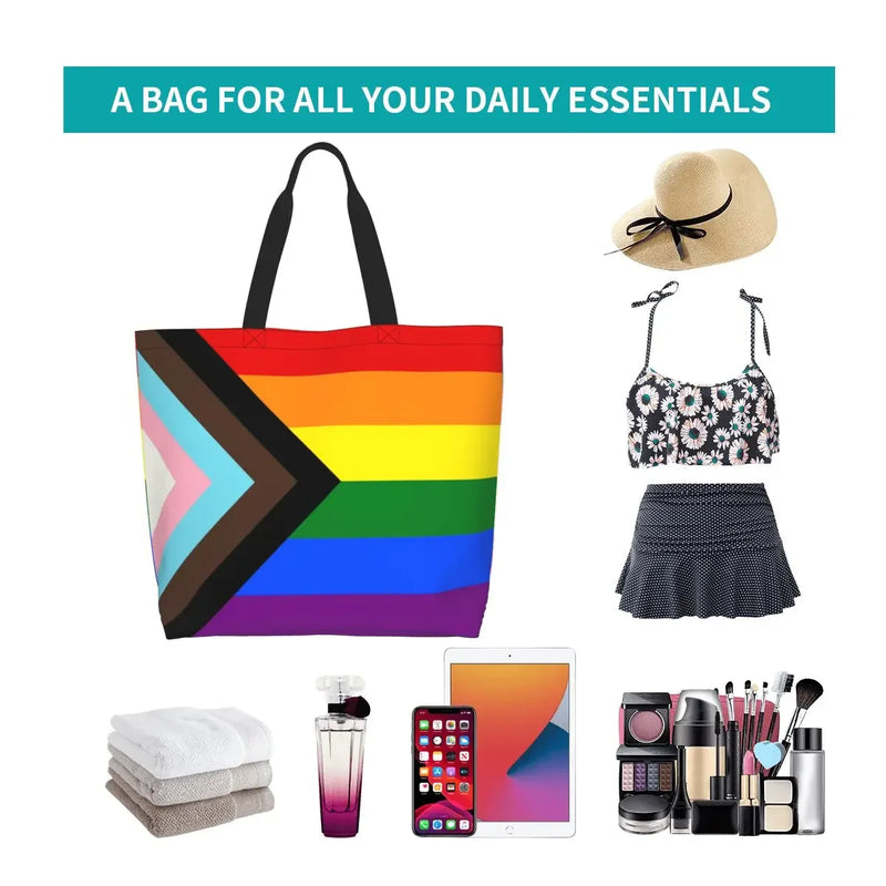 Bolsa bag Bandeira do Orgulho LGBT Progresso Bolsa de Compras Bolsa de Compras Feminina Bolsa de Ombro de Lona para Orgulho Gay Bolsas de Grande Capacidade bolsa grande LGBTQIAP+